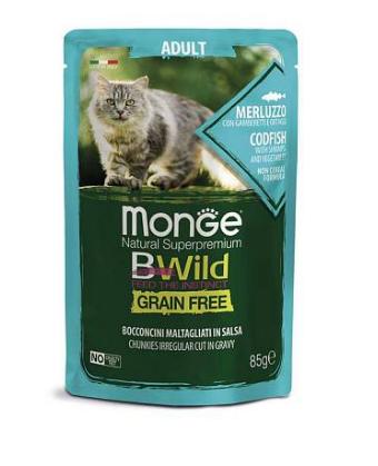 Корм Monge Cat BWild GRAIN FREE кон.для кошек, теска с креветками и овощами,85 гр