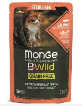 Корм Monge Cat BWild GRAIN FREE кон.для стерилизованных кошек, лосось с креветками и овощи,85 гр