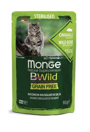 Корм Monge Cat BWild GRAIN FREE кон.для стерилизованных кошек, дикий кабан с овощами,85 гр