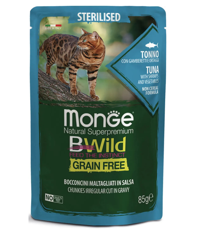 Корм Monge Cat BWild GRAIN FREE кон.для стерилизованных кошек, тунец с креветками и овощами,85 гр