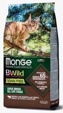 Монж Monge Cat BWild GRAIN FREE беззерновой корм из мяса буйвола д/крупных кошек всех возрастов1,5кг