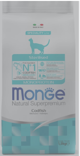 Монж Monge Cat Monoprotein Sterilised Merluzzo корм для стерил.кошек с треской 1,5 кг (31559)